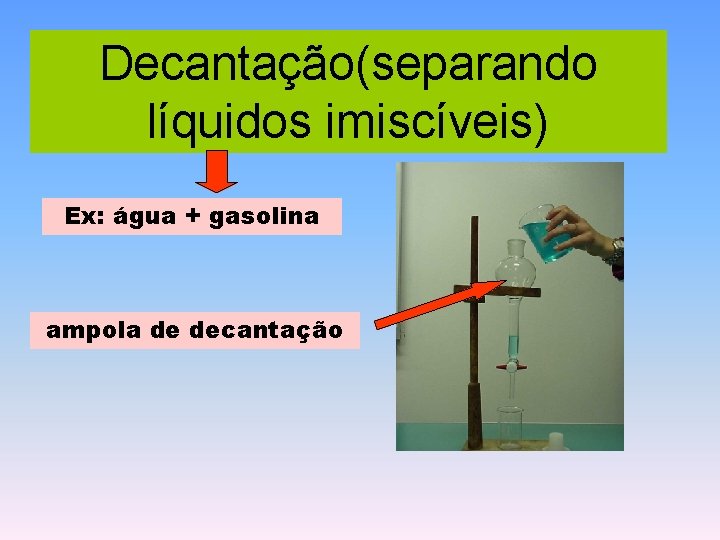 Decantação(separando líquidos imiscíveis) Ex: água + gasolina ampola de decantação 