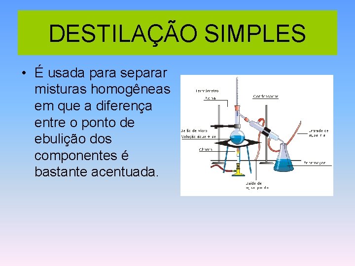 DESTILAÇÃO SIMPLES • É usada para separar misturas homogêneas em que a diferença entre