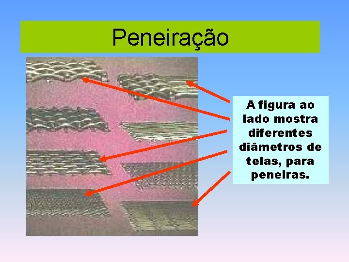 Peneiração A figura ao lado mostra diferentes diâmetros de telas, para peneiras. 