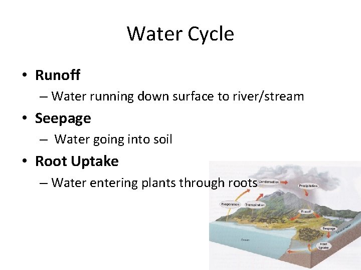 Water Cycle • Runoff – Water running down surface to river/stream • Seepage –