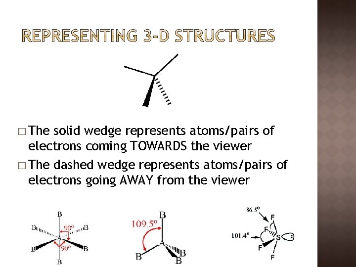 � The solid wedge represents atoms/pairs of electrons coming TOWARDS the viewer � The