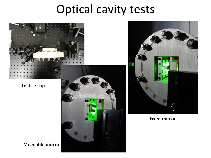 Optical cavity tests Test set-up Fixed mirror Moveable mirror 