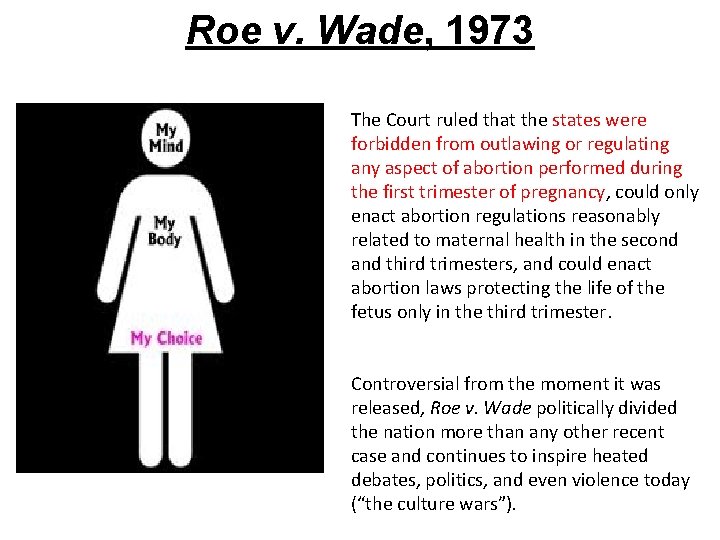 Roe v. Wade, 1973 The Court ruled that the states were forbidden from outlawing Roe v. Wade, 1973 The Court ruled that the states were forbidden from outlawing