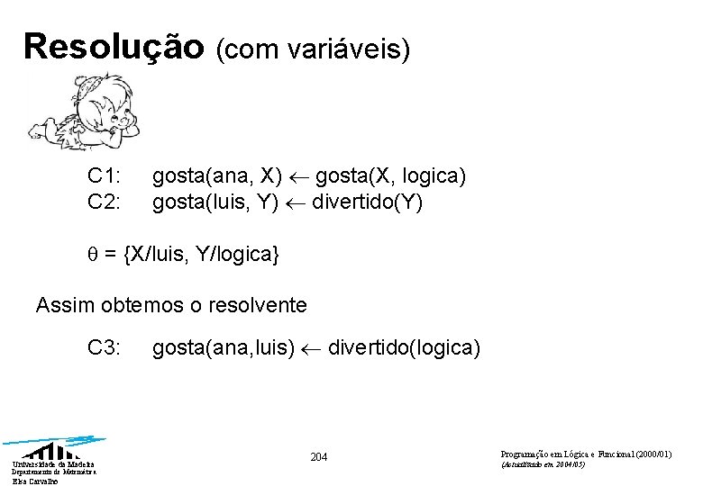 Resolução (com variáveis) C 1: C 2: gosta(ana, X) gosta(X, logica) gosta(luis, Y) divertido(Y)