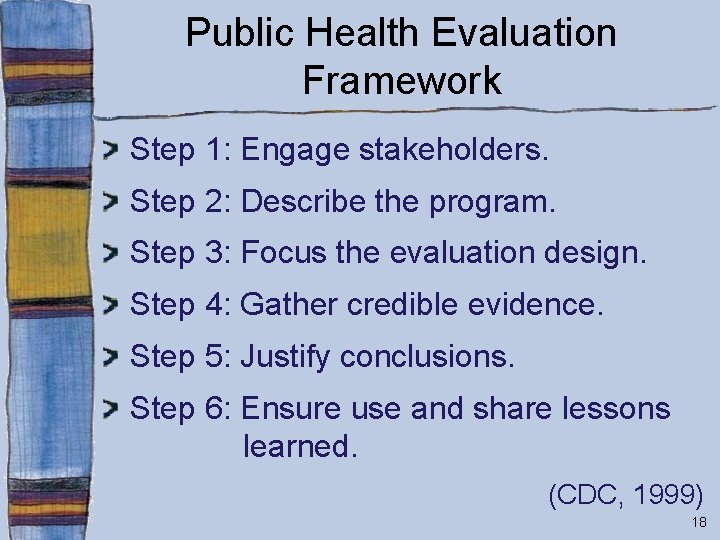 Public Health Evaluation Framework Step 1: Engage stakeholders. Step 2: Describe the program. Step