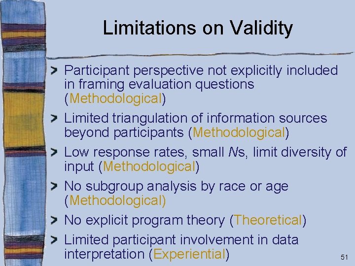 Limitations on Validity Participant perspective not explicitly included in framing evaluation questions (Methodological) Limited
