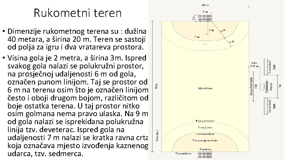 Rukometni teren • Dimenzije rukometnog terena su : dužina 40 metara, a širina 20