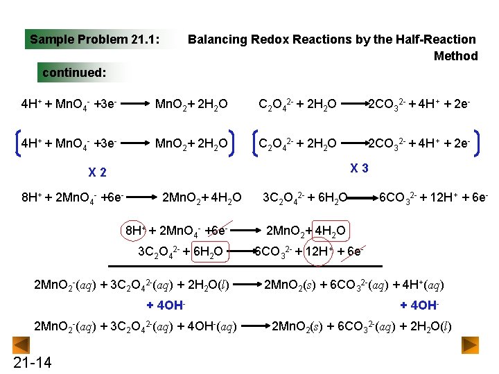 Sample Problem 21. 1: Balancing Redox Reactions by the Half-Reaction Method continued: 4 H+