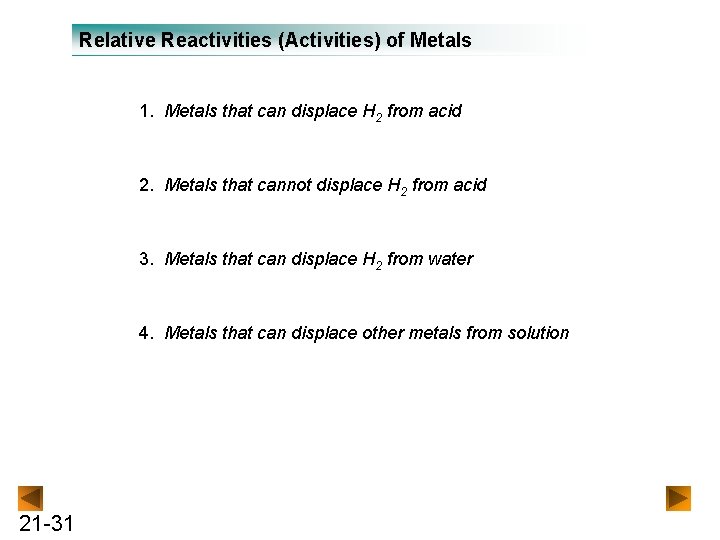 Relative Reactivities (Activities) of Metals 1. Metals that can displace H 2 from acid