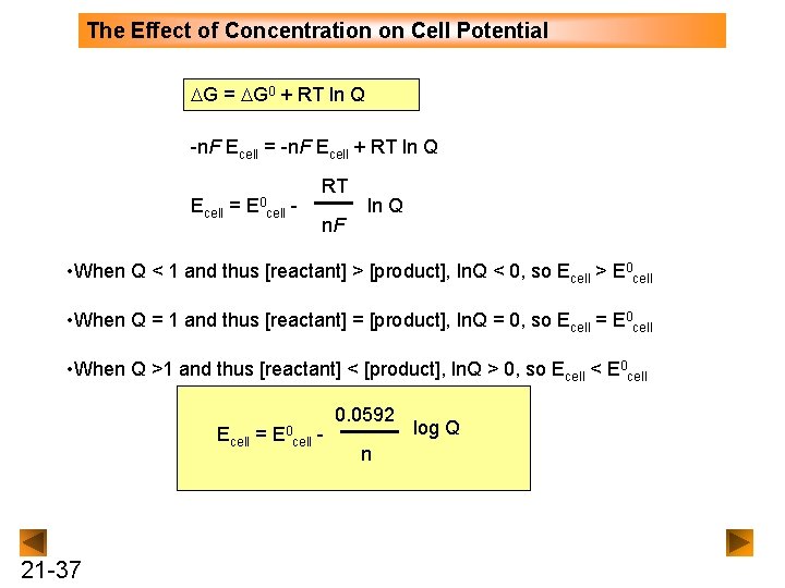 The Effect of Concentration on Cell Potential DG = DG 0 + RT ln