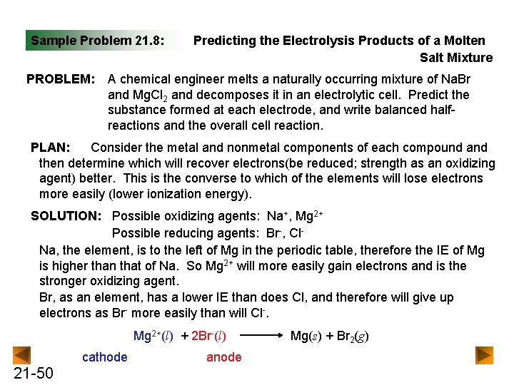 Sample Problem 21. 8: PROBLEM: Predicting the Electrolysis Products of a Molten Salt Mixture