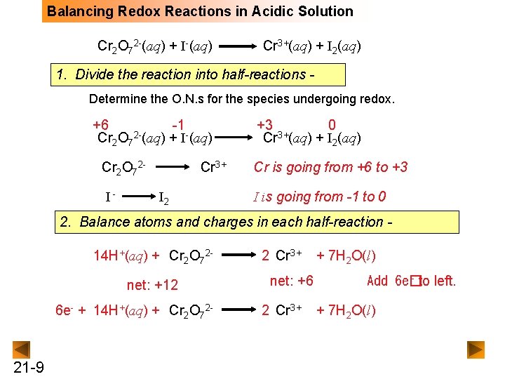 Balancing Redox Reactions in Acidic Solution Cr 2 O 72 -(aq) + I-(aq) Cr