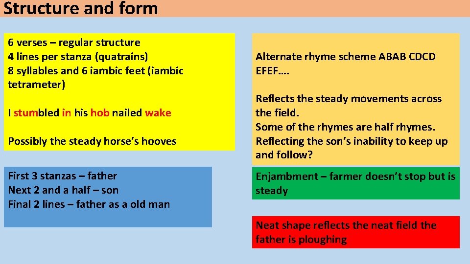 Structure and form 6 verses – regular structure 4 lines per stanza (quatrains) 8