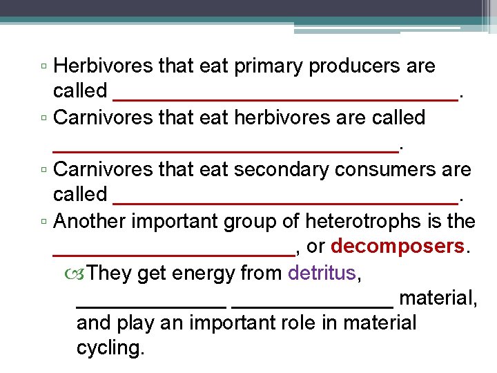 ▫ Herbivores that eat primary producers are called _______________. ▫ Carnivores that eat herbivores