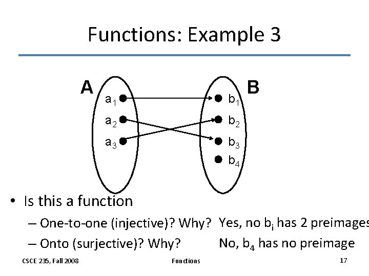 Functions: Example 3 A a 1 b 1 a 2 b 2 a 3