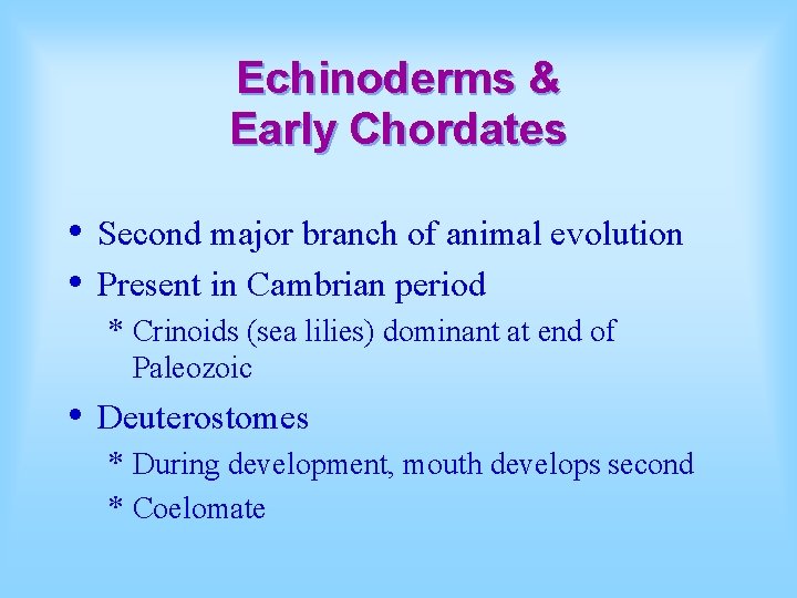 Echinoderms & Early Chordates • • Second major branch of animal evolution Present in