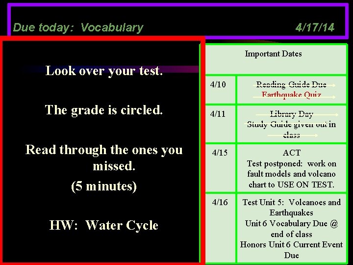 Due today: Vocabulary 4/17/14 Important Dates Look over your test. The grade is circled.