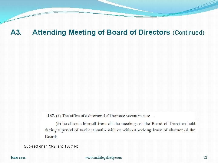 A 3. Attending Meeting of Board of Directors (Continued) Sub-sections 173(2) and 167(1)(b) June