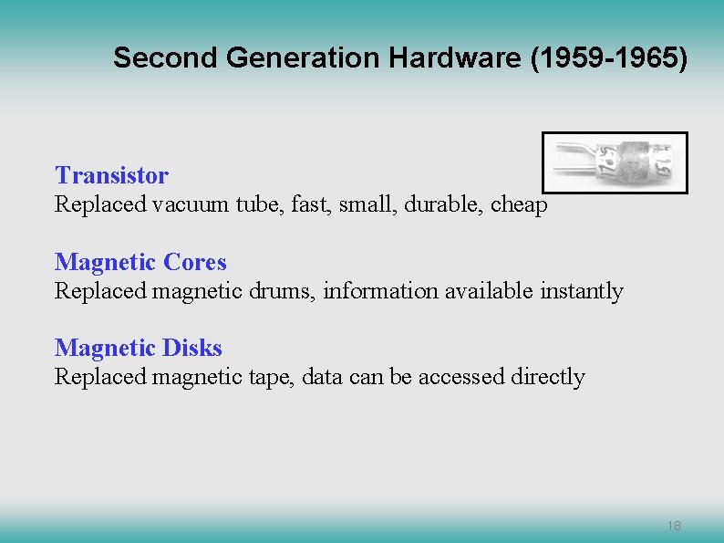 Second Generation Hardware (1959 -1965) Transistor Replaced vacuum tube, fast, small, durable, cheap Magnetic