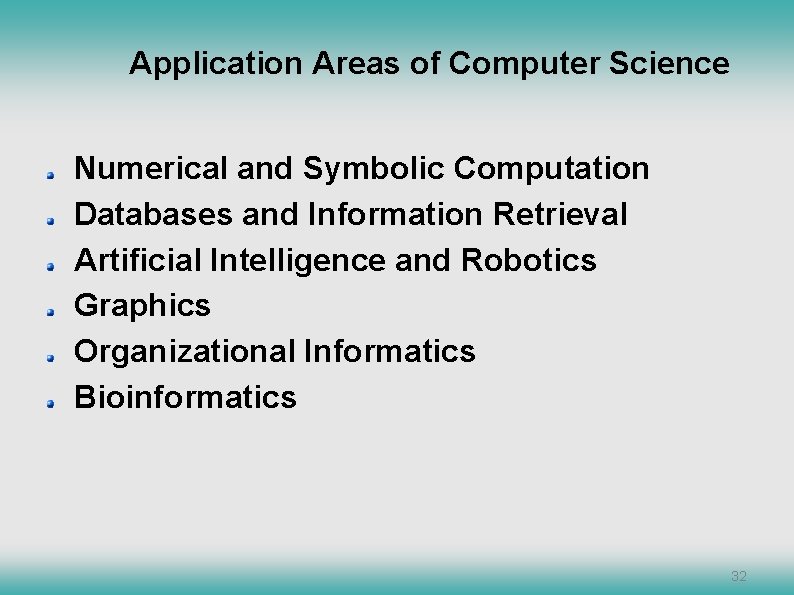 Application Areas of Computer Science Numerical and Symbolic Computation Databases and Information Retrieval Artificial