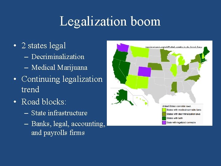 Legalization boom • 2 states legal – Decriminalization – Medical Marijuana • Continuing legalization