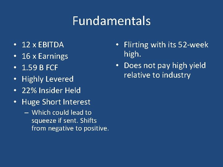 Fundamentals • • • 12 x EBITDA 16 x Earnings 1. 59 B FCF