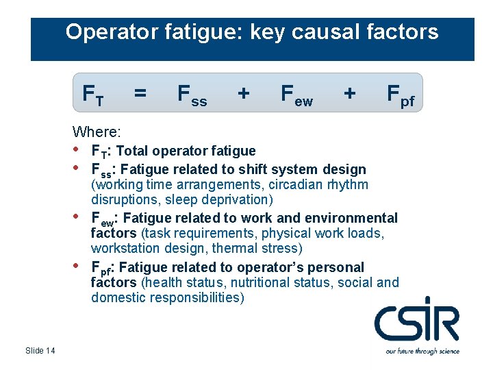 Operator fatigue: key causal factors FT = Fss + Few + Where: • FT: