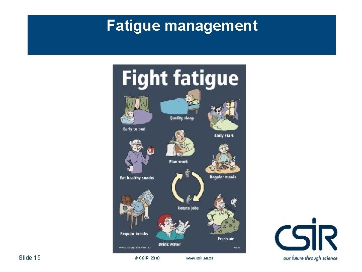 Fatigue management Slide 15 © CSIR 2010 www. csir. co. za 