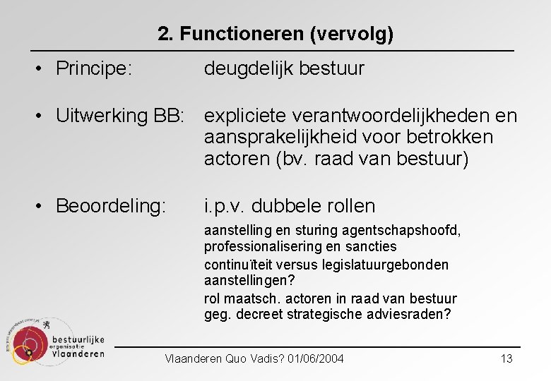 2. Functioneren (vervolg) • Principe: deugdelijk bestuur • Uitwerking BB: expliciete verantwoordelijkheden en aansprakelijkheid