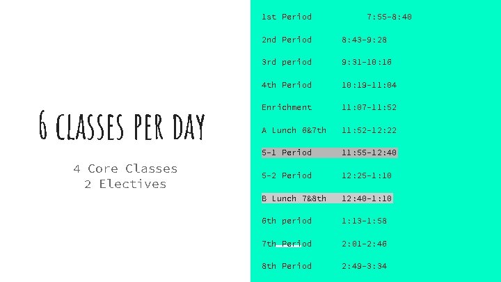 1 st Period 6 classes per day 4 Core Classes 2 Electives 7: 55