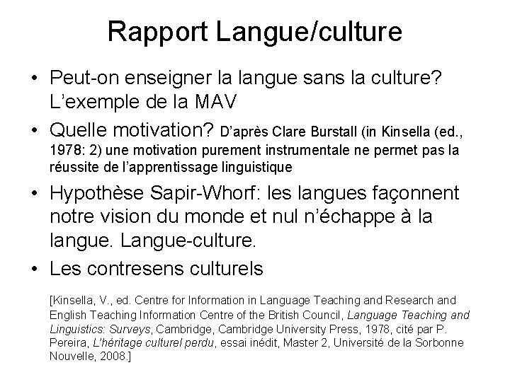 Rapport Langue/culture • Peut-on enseigner la langue sans la culture? L’exemple de la MAV