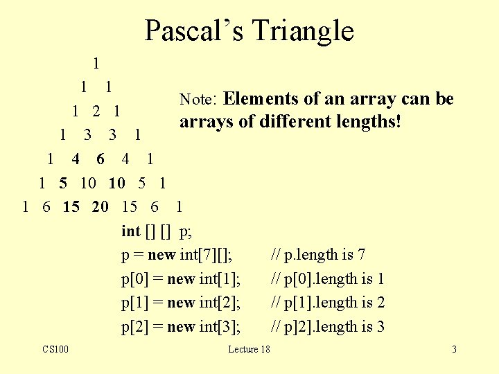 Pascal’s Triangle 1 1 1 Note: Elements of an array can be 1 2