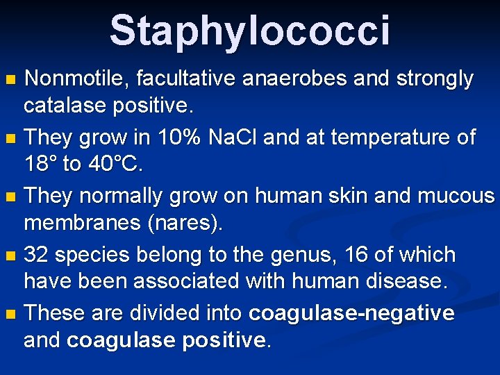 Staphylococci Nonmotile, facultative anaerobes and strongly catalase positive. n They grow in 10% Na.