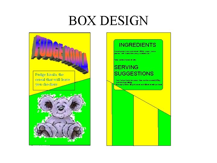 BOX DESIGN INGREDIENTS Cereal grains (corn and wheat - 60%), sugar, cocoa powder, salt,