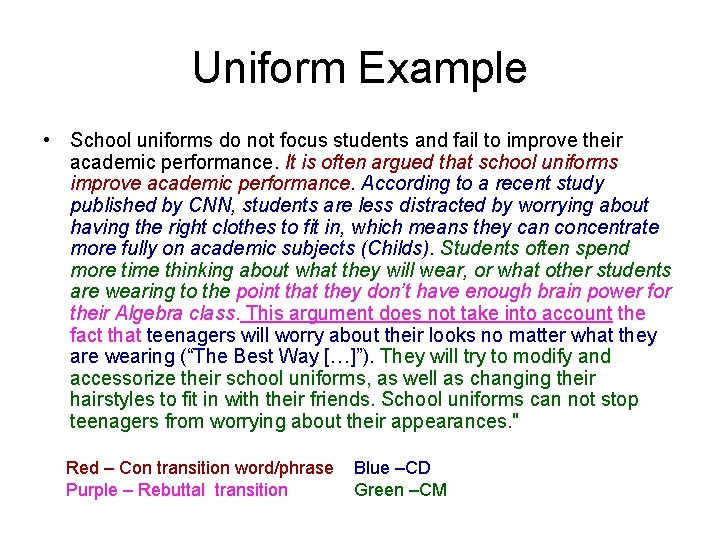 Uniform Example • School uniforms do not focus students and fail to improve their