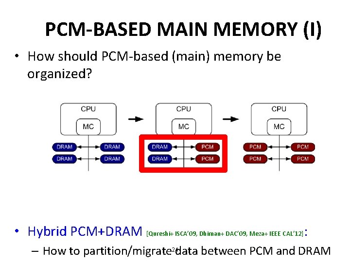 PCM-BASED MAIN MEMORY (I) • How should PCM-based (main) memory be organized? • Hybrid