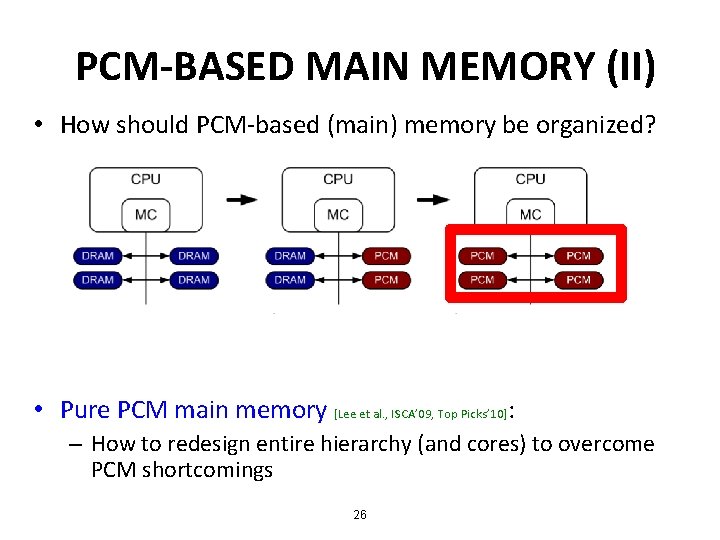 PCM-BASED MAIN MEMORY (II) • How should PCM-based (main) memory be organized? • Pure