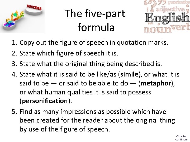 The five-part formula 1. Copy out the figure of speech in quotation marks. 2.