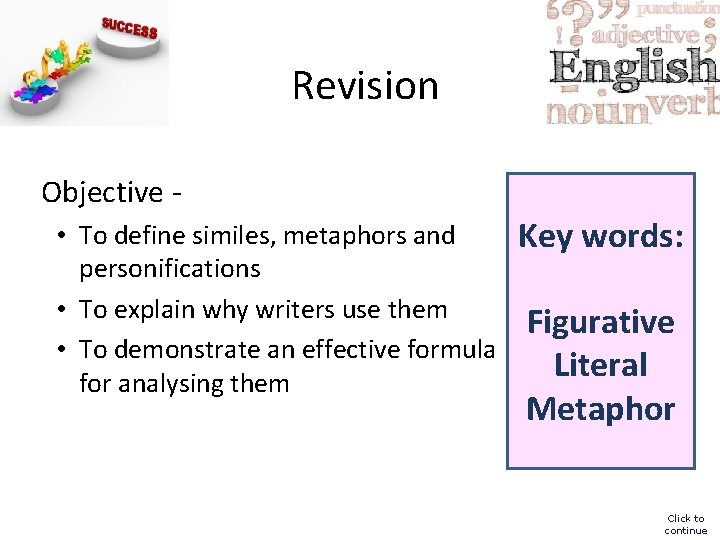 Revision Objective • To define similes, metaphors and personifications • To explain why writers