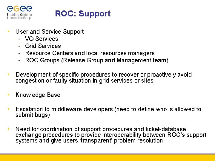 ROC: Support • User and Service Support • VO Services • Grid Services •