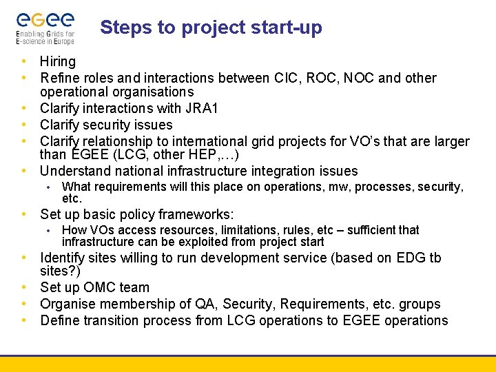 Steps to project start-up • Hiring • Refine roles and interactions between CIC, ROC,