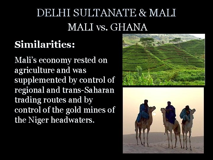 DELHI SULTANATE & MALI vs. GHANA Similarities: Mali’s economy rested on agriculture and was