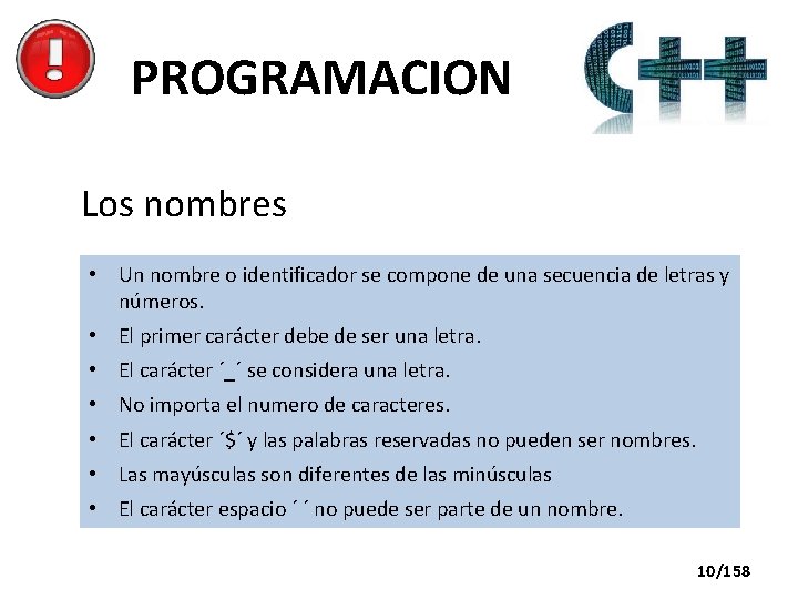 PROGRAMACION Los nombres • Un nombre o identificador se compone de una secuencia de