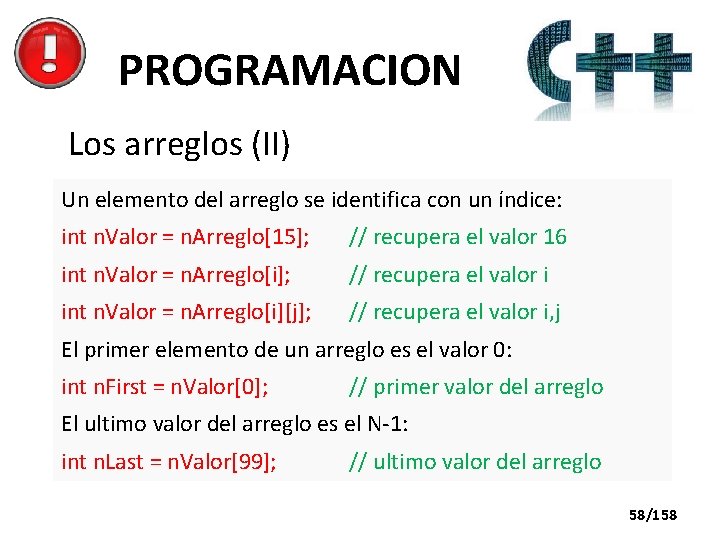 PROGRAMACION Los arreglos (II) Un elemento del arreglo se identifica con un índice: int