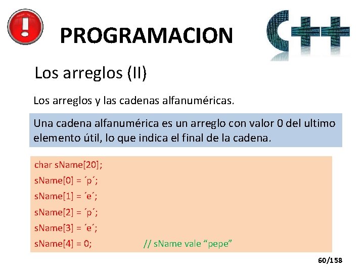 PROGRAMACION Los arreglos (II) Los arreglos y las cadenas alfanuméricas. Una cadena alfanumérica es