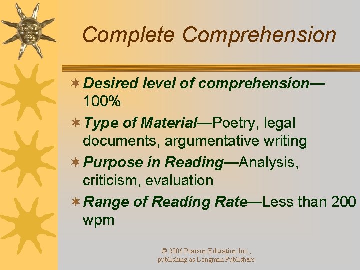 Complete Comprehension ¬ Desired level of comprehension— 100% ¬ Type of Material—Poetry, legal documents,