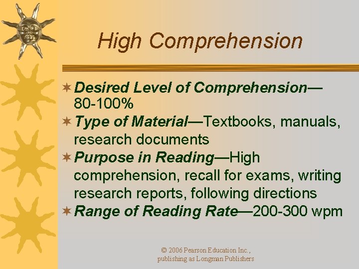 High Comprehension ¬ Desired Level of Comprehension— 80 -100% ¬ Type of Material—Textbooks, manuals,