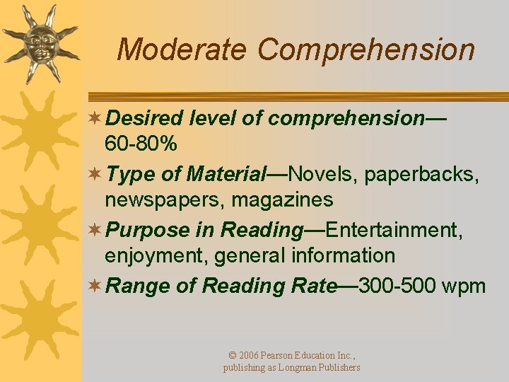 Moderate Comprehension ¬ Desired level of comprehension— 60 -80% ¬ Type of Material—Novels, paperbacks,