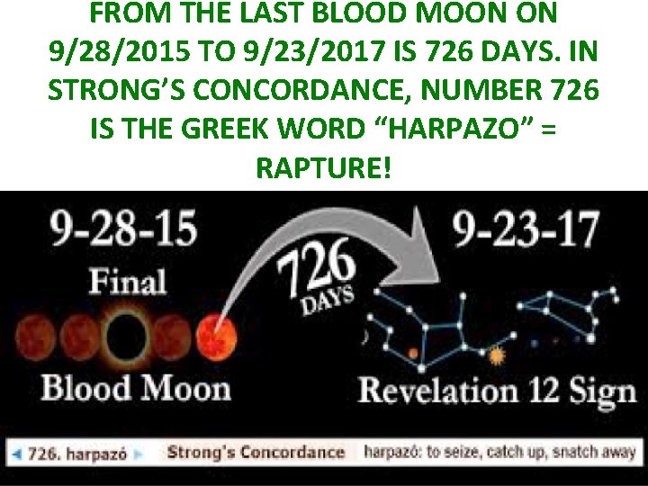 FROM THE LAST BLOOD MOON ON 9/28/2015 TO 9/23/2017 IS 726 DAYS. IN STRONG’S