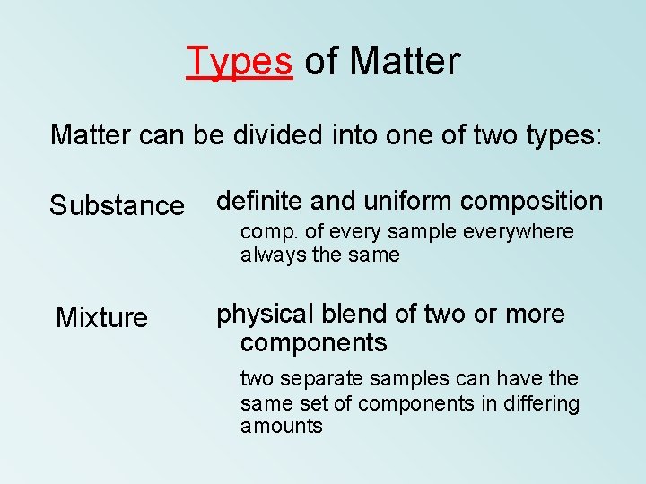 Types of Matter can be divided into one of two types: Substance definite and